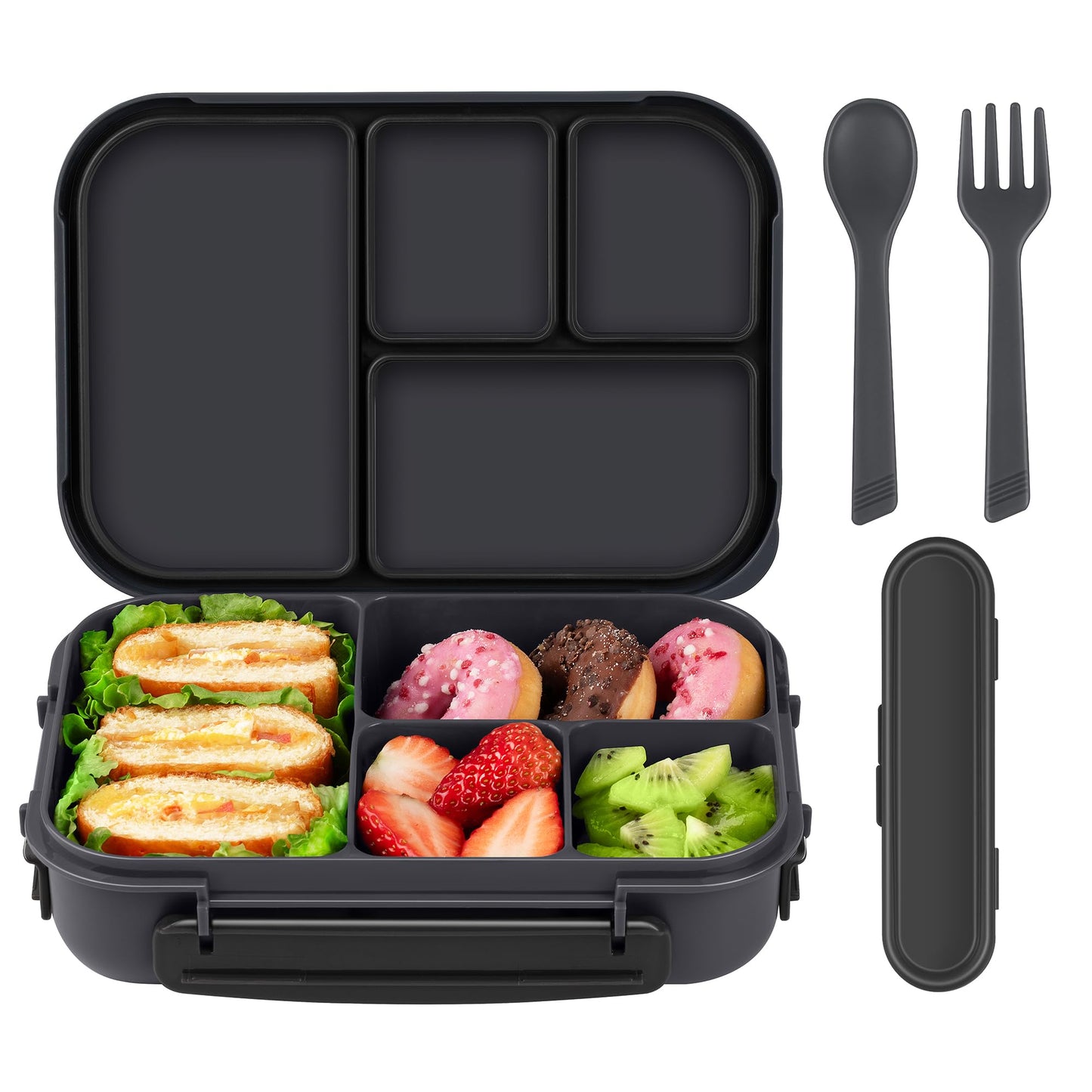 Amathley Lunch Box Kids,Bento Box Adult,Leakproof Lunch Containers for Adults/Kids/Toddler,1200ML-4 Compartments bento Lunch box with Utensil,Microwave & Dishwasher & Freezer Safe (Dark Gray)