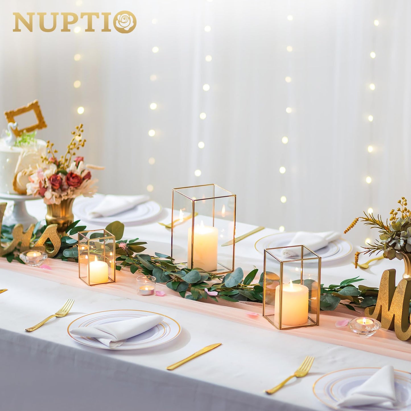 NUPTIO Hurricane Glass Candle Holders: 3Pcs Gold Lanterns Candle Holder for Pillar Candles Geometric Table Centerpiece for Outdoor & Indoor Wedding Christmas Holiday Party Decor 8.1 & 6.5 & 4.7 inch