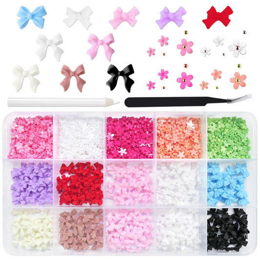 LoveOurHome 3D Flower Nail Charms Cute Bow Charms Nail Decorations Kit Bow-knot Floral Nail Charms Studs Gold Silver Beads Acrylic Nail Design Resin Craft Accessories Nail Supplies with Tweezer