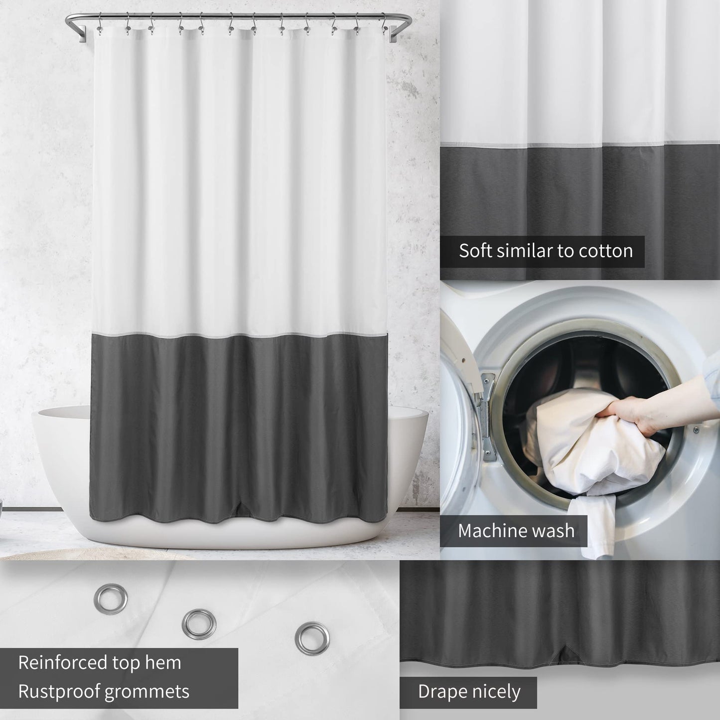 ALYVIA SPRING Waterproof Fabric Shower Curtain Liner - Soft & Light-Weight Cloth Shower Liner, 3 Bottom Magnets, Hotel Quality & Machine Washable - Standard Size 72x72, White and Dark Gray