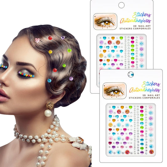 2PCS Face Gems Eye Jewels Stickers Self Adhesive Rhinestones Gems Crystals Pearls Decal Rainbow Heart Rhinestone for Makeup Hair Body Stick Gems for Women Festival Accessory and Nail Art Decoration