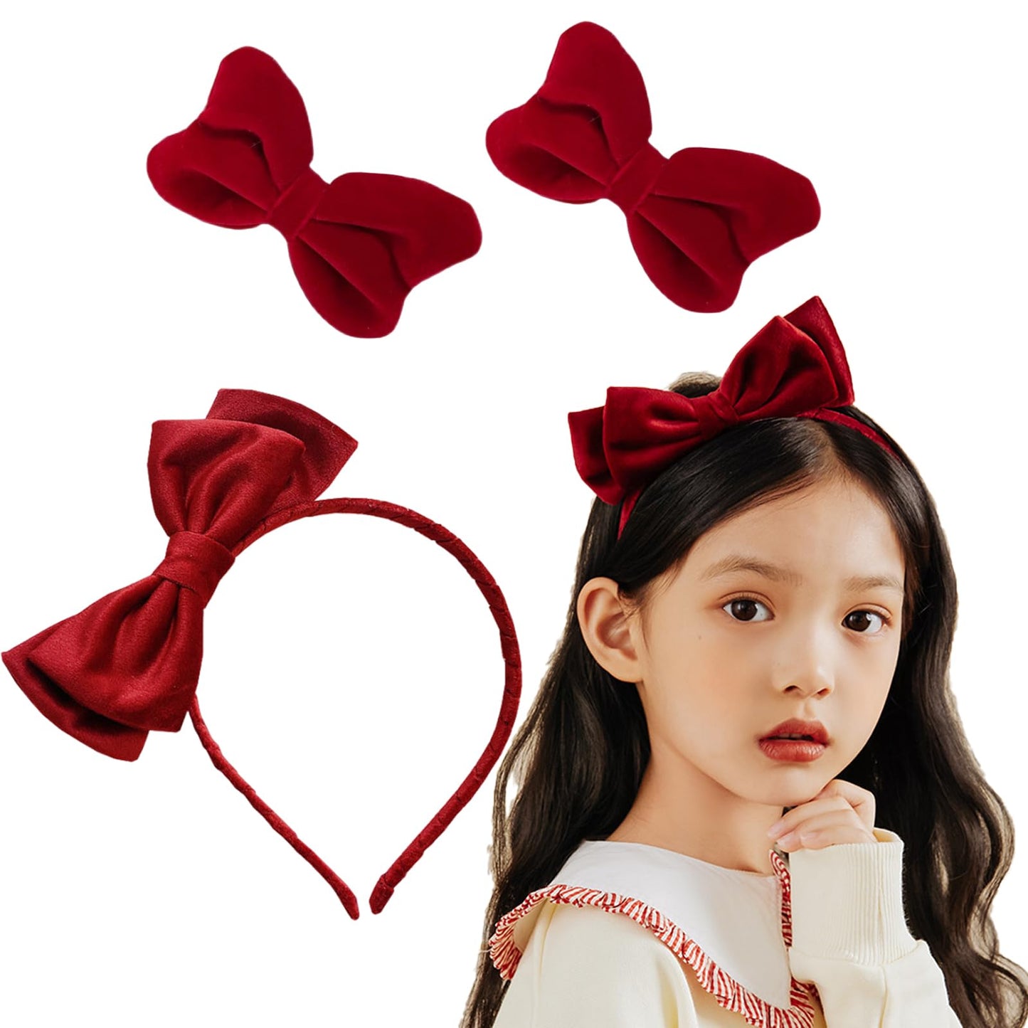 FMOYSIEN Red Bow Headband for Women Red Velvet Headband Burgundy Velet Bow Hair Clips for Valentine's Day, Christmas Party, Role Play Party Costume Decoration