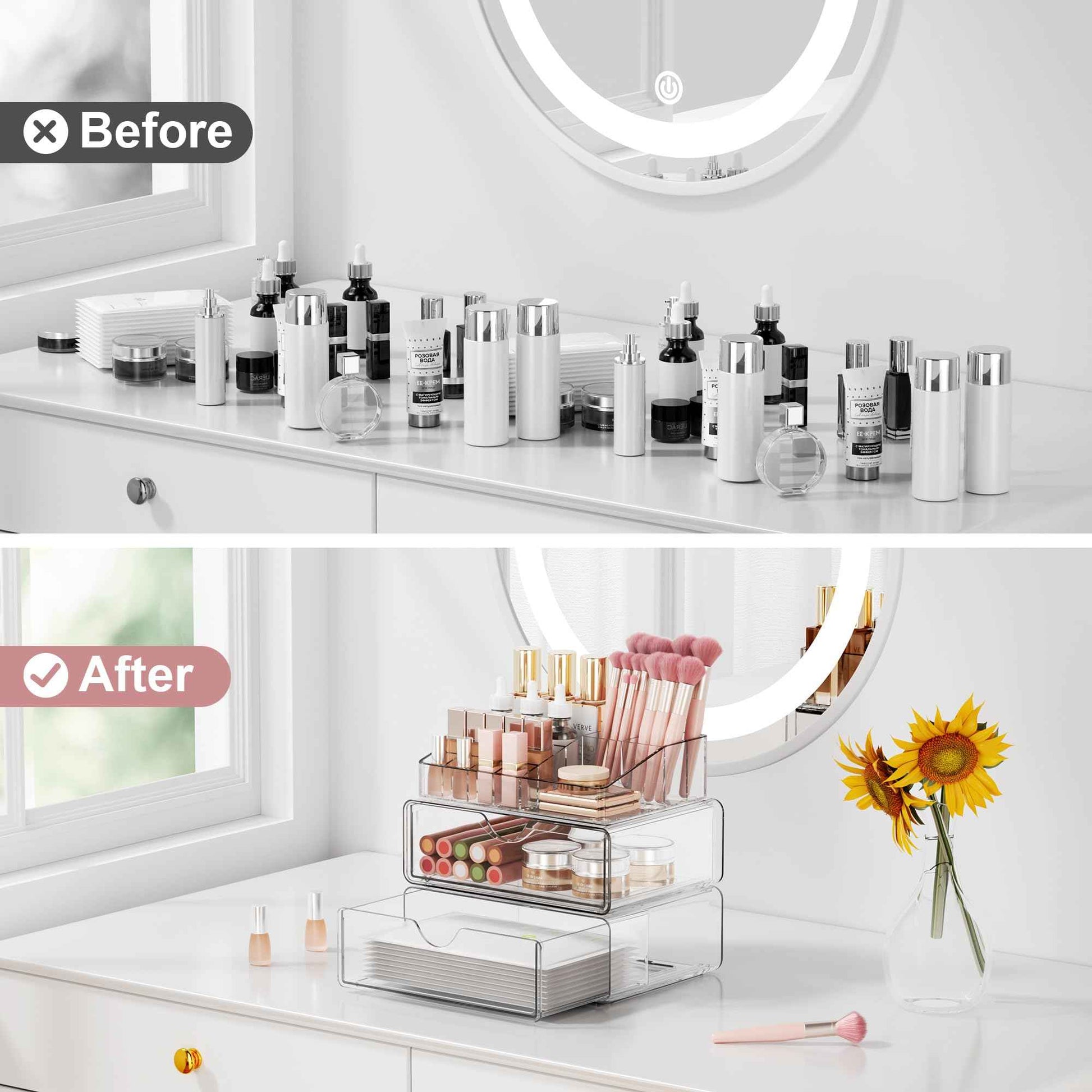 DOADW Bathroom Counter Organizer Clear - 3Pcs Stackable Makeup Countertop Organizer for Vanity - Multi-Purpose Skin Care Lipstick Cosmetic Organizer
