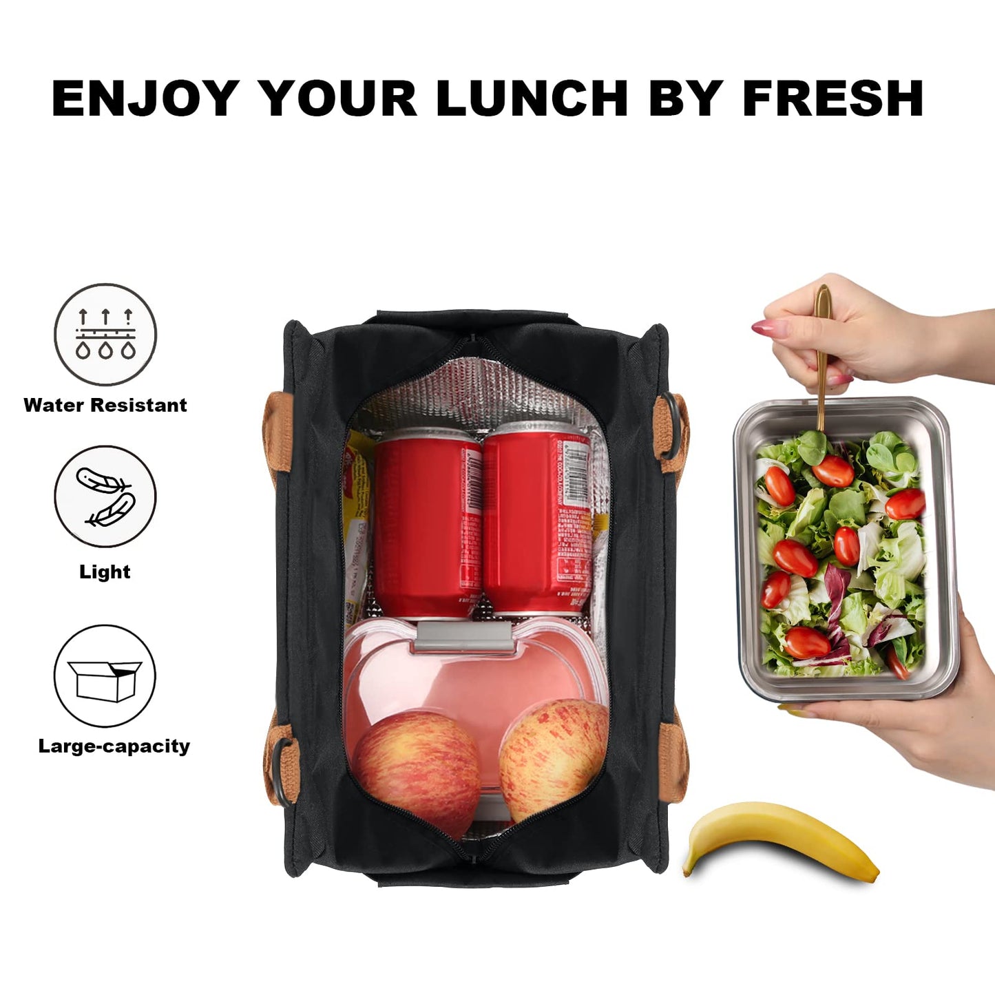 Joymee Lunch Bag Women Insulated Lunch Box with Adjustable Shoulder Strap Large Reusable Leakproof Spacious Cooler Tote for Women Men Adult with Bottle Holder and Side Pockets - Black