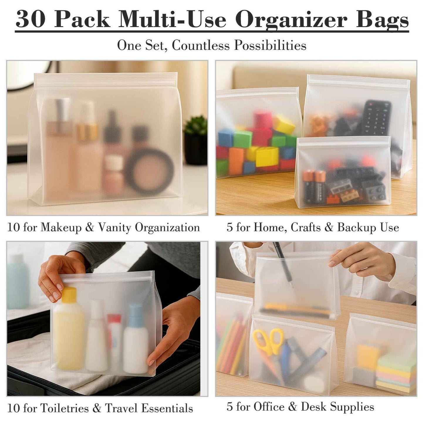 Circloophs 30 Pack Clear Makeup Bag Organizer Cosmetic Zipper Pouch TSA Approved Small Travel Pouches Transparent EVA Reusable Water-resistant Plastic Clear Gift Bags Bulk, Frosted, 10” x 7” x 2.6”