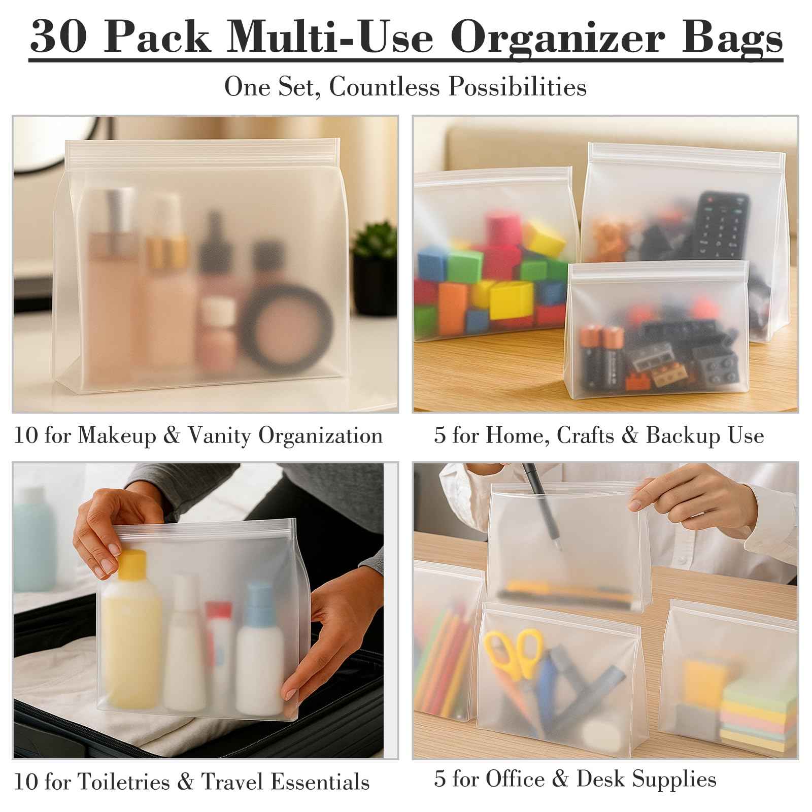 Circloophs 30 Pack Clear Makeup Bag Organizer Cosmetic Zipper Pouch TSA Approved Small Travel Pouches Transparent EVA Reusable Water-resistant Plastic Clear Gift Bags Bulk, Frosted, 10” x 7” x 2.6”