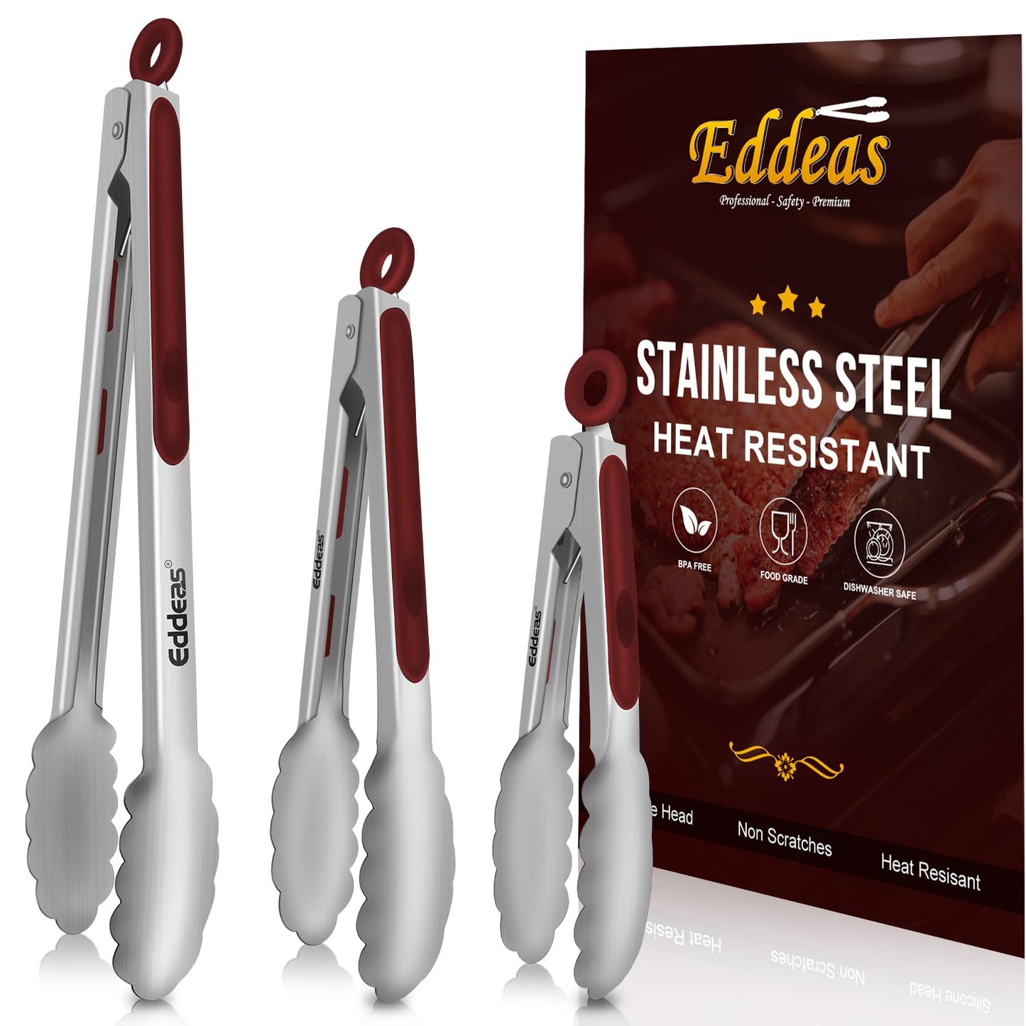 Eddeas Tongs For Cooking - 7",9" and 12 inch Kitchen Tong Heat Resistant 600 Degrees Stainless Steel Tongs, Heavy Duty Metal Locking Tongs - Perfect for Food, BBQ Red Set of 3