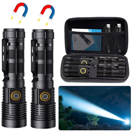 Rechargeable Tactical Flashlights 20000 High Lumens - 1500 Meters Long Beam Super Bright LED Magnetic Flashlight USB Zoomable 5Modes Small Long Beam Spotlight Flashlight for Hiking, Camping