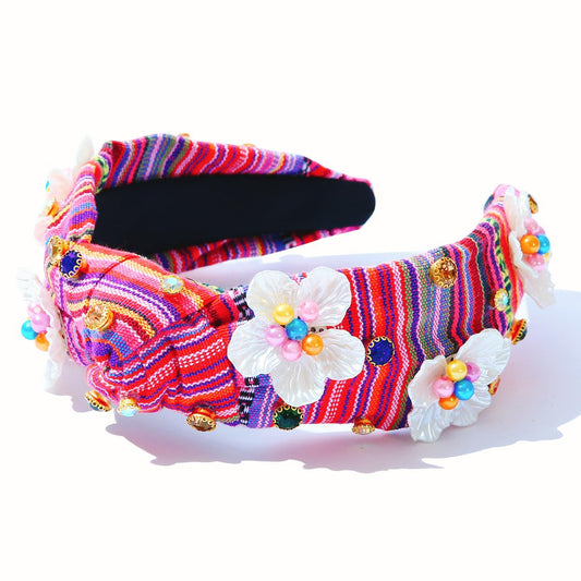 Jeweled Headband for Women Colorful Stripe Boho Flower Headband Rhinestone Crystal Gem Embellished Hairband Bohemian Hair accessories