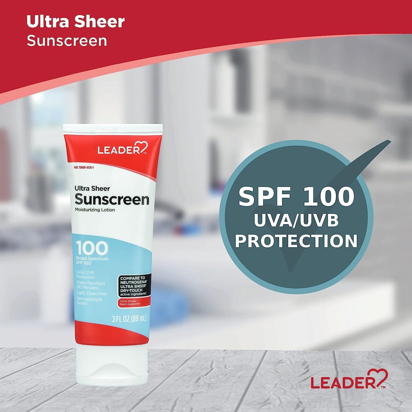 Leader Travel Sunscreen SPF 100+, Ultra Sheer Dry-Touch Water Resistant and Non-Greasy Lotion with Broad Spectrum SPF 100+, 3 Fl Oz (2)