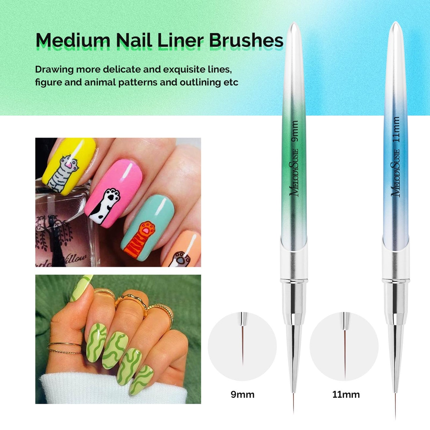 MelodySusie Nail Art Liner Brushes 5Pcs Professional Gel Polish Painting Art Design Pen Set for Thin Long Lines,Tiny Details,Fine Drawing,Delicate Coloring,Gradient Metal Handle -Sizes 5/7/9/11/20mm