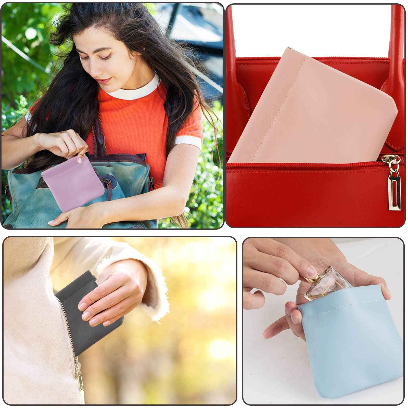 CANIPHA 8pcs Lambskin Pocket Cosmetic Bag, Waterproof Portable Small Makeup Bag No Zipper Self-closing Pouch for Women Mini Travel Storage Cosmetics Headphones Jewelry