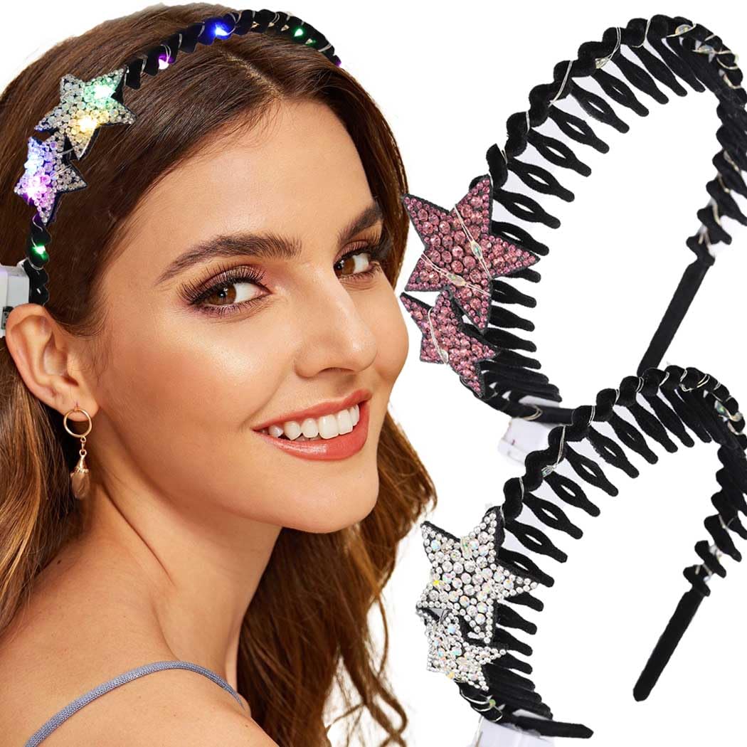 Bouory Light Up Star Headbands Rhinestone Thin Hairband with Teeth LED Non Slip Head Bands for Women 2PCS (Type B)