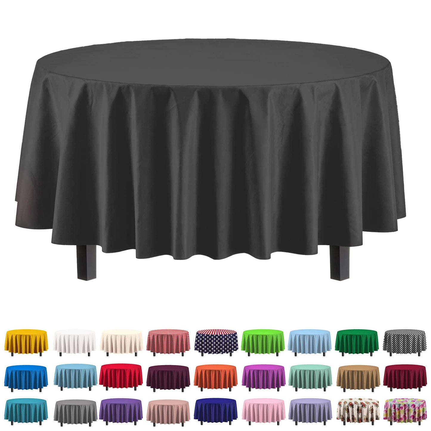 Exquisite 6-Pack Premium Plastic Tablecloth 84in. Round Plastic Table Cover - Black