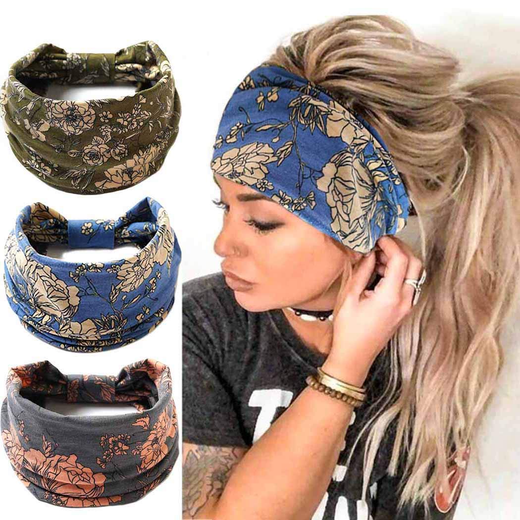 Gangel Boho Criss Cross Headbands Twisted Floral Printed Hairbands Elastic Cotton Stretch Wide Head Wrap Knotted Hair Scarfs Fashion Hair Accessories for Women (Pack of 3) (leaf)