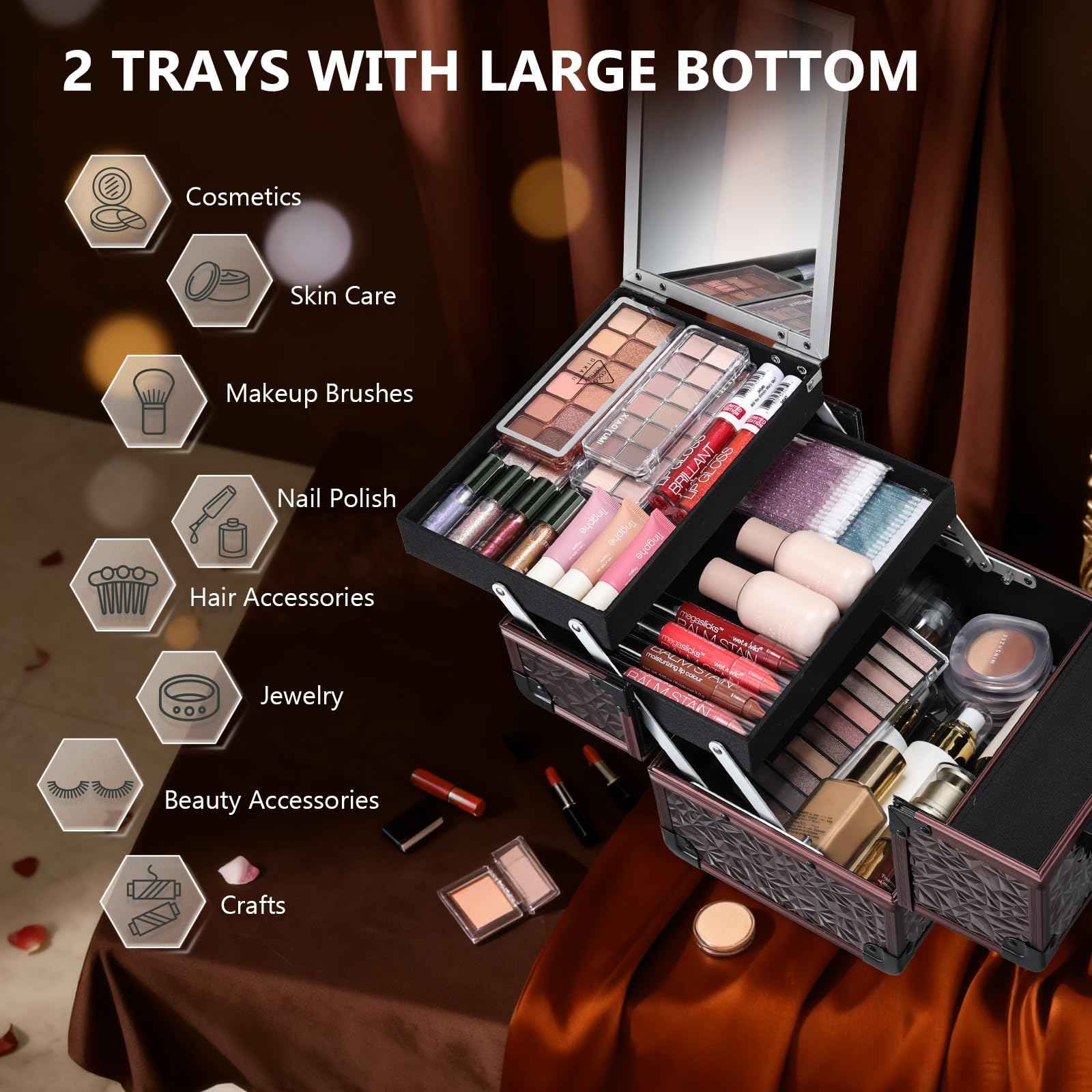 Joligrace Makeup Train Case Cosmetic Box Portable Makeup Case Organizer 2 Trays Makeup Storage with Mirror Locking for Cosmetologist Aesthetic Supplies Nail Tech Traveling Makeup Box Dark Brown