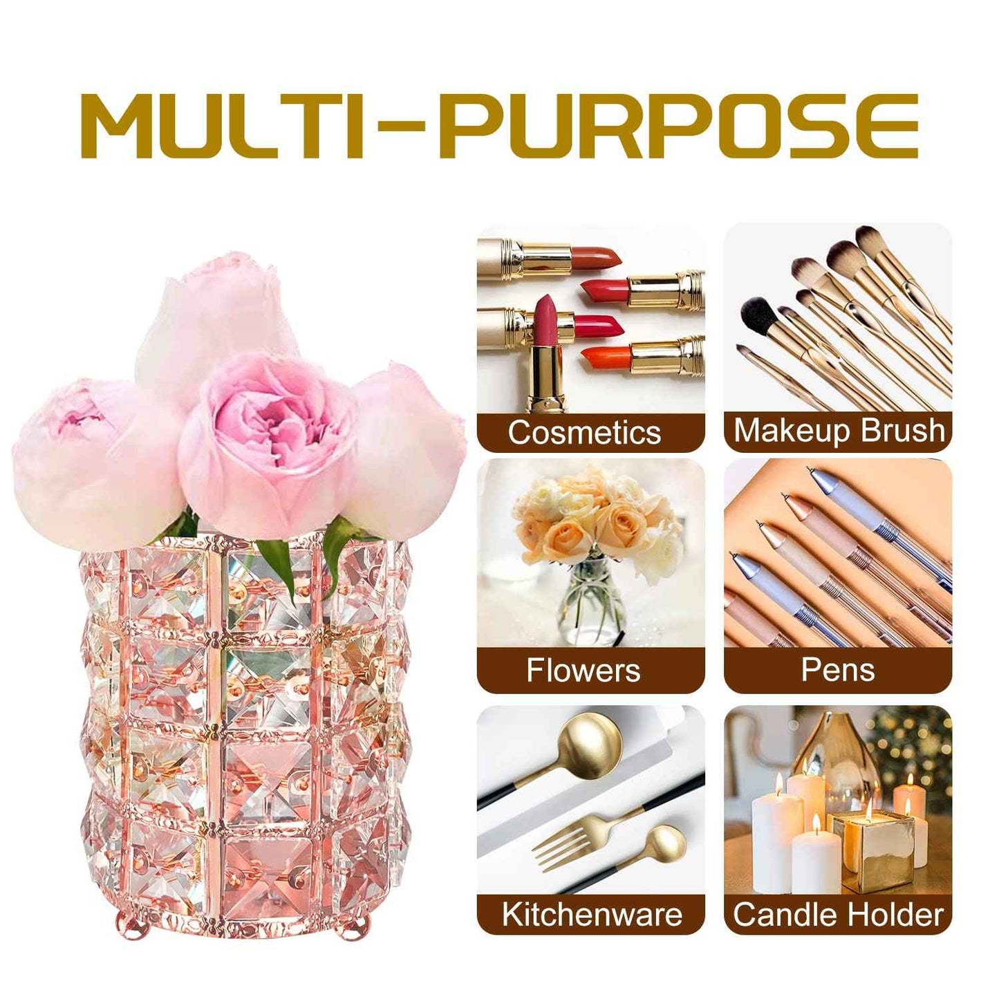 XB'ANG Flower Pattern Makeup Brush Holder Organizer Crystal Cosmetic Cup Eyeliners Eyebrow Pencil Storage Box Container Vanity Decor Accessories (Rose Gold)