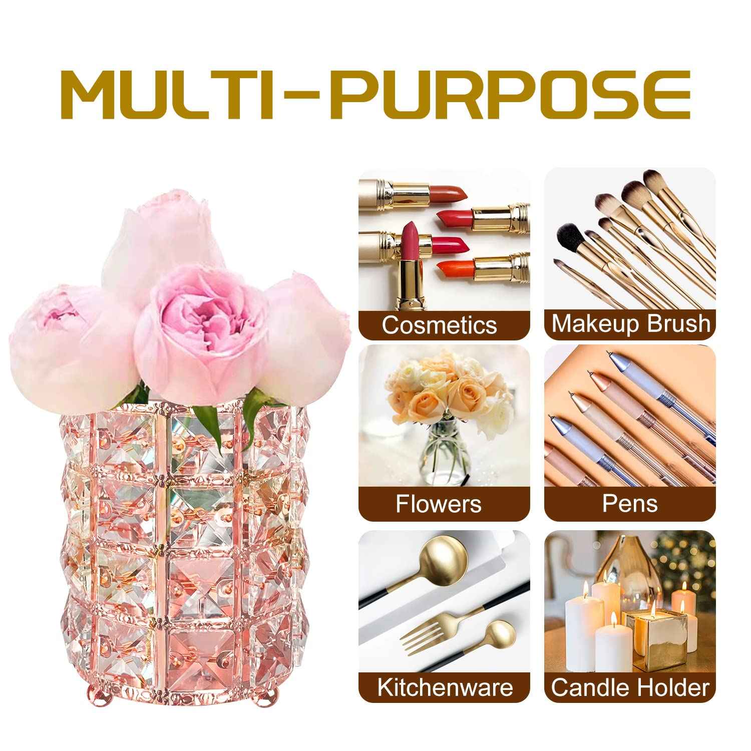 XB'ANG Flower Pattern Makeup Brush Holder Organizer Crystal Cosmetic Cup Eyeliners Eyebrow Pencil Storage Box Container Vanity Decor Accessories (Rose Gold)