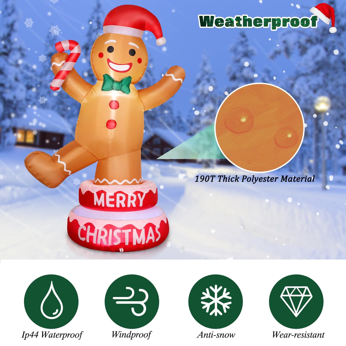 Thanger 5 FT Christmas Inflatable Outdoor Decorations Gingerbread Man with Xmas Hat, Blow up Gingerbread Man with Cane Candy, Built-in LED Lights for Lawn Yard Garden Holiday Indoor Home Party Decor