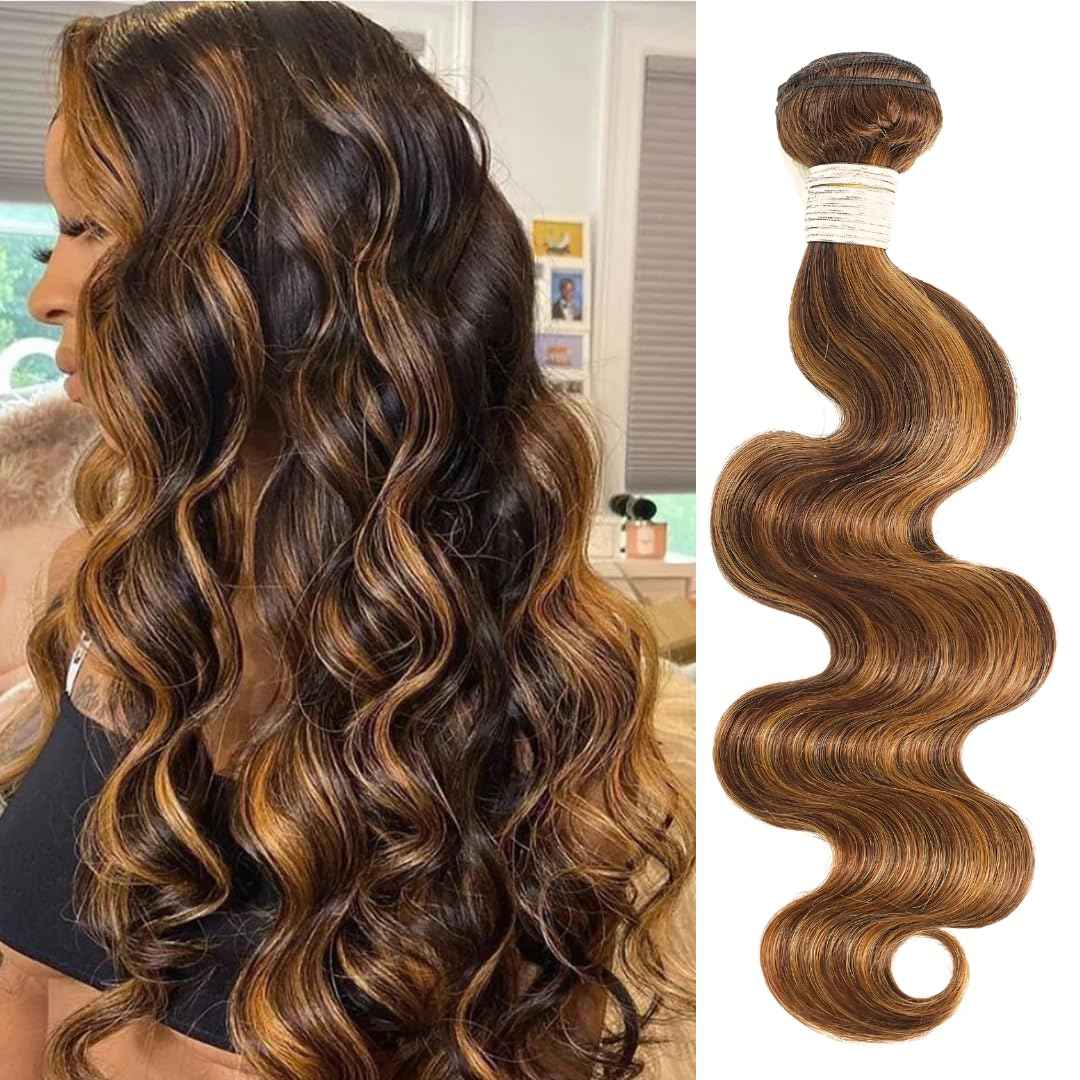ALHER 4/27 Honey Blonde Highlight Body Wave Ombre Human Hair Bundle 14 Inch Brown Colored Bundles 12A 100% Brazilian Virgin Remy Human Hair Soft Wavy Weave 4/27 Highlight Color