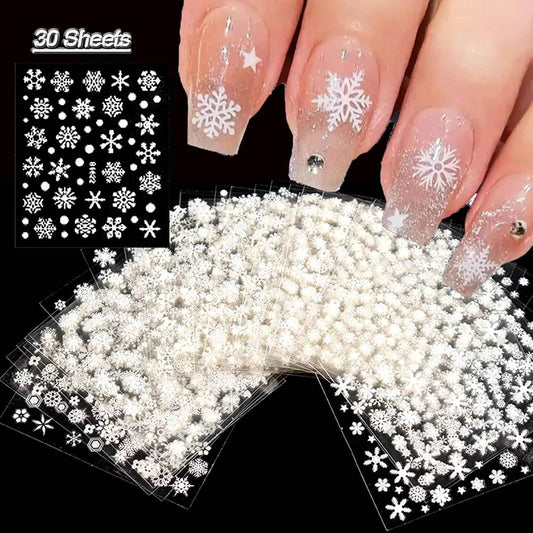 30 Sheets White Snowflake Nail Art Stickers 3D Christmas Decals - Snowman, Elk, Snow Winter Xmas Supplies for Women