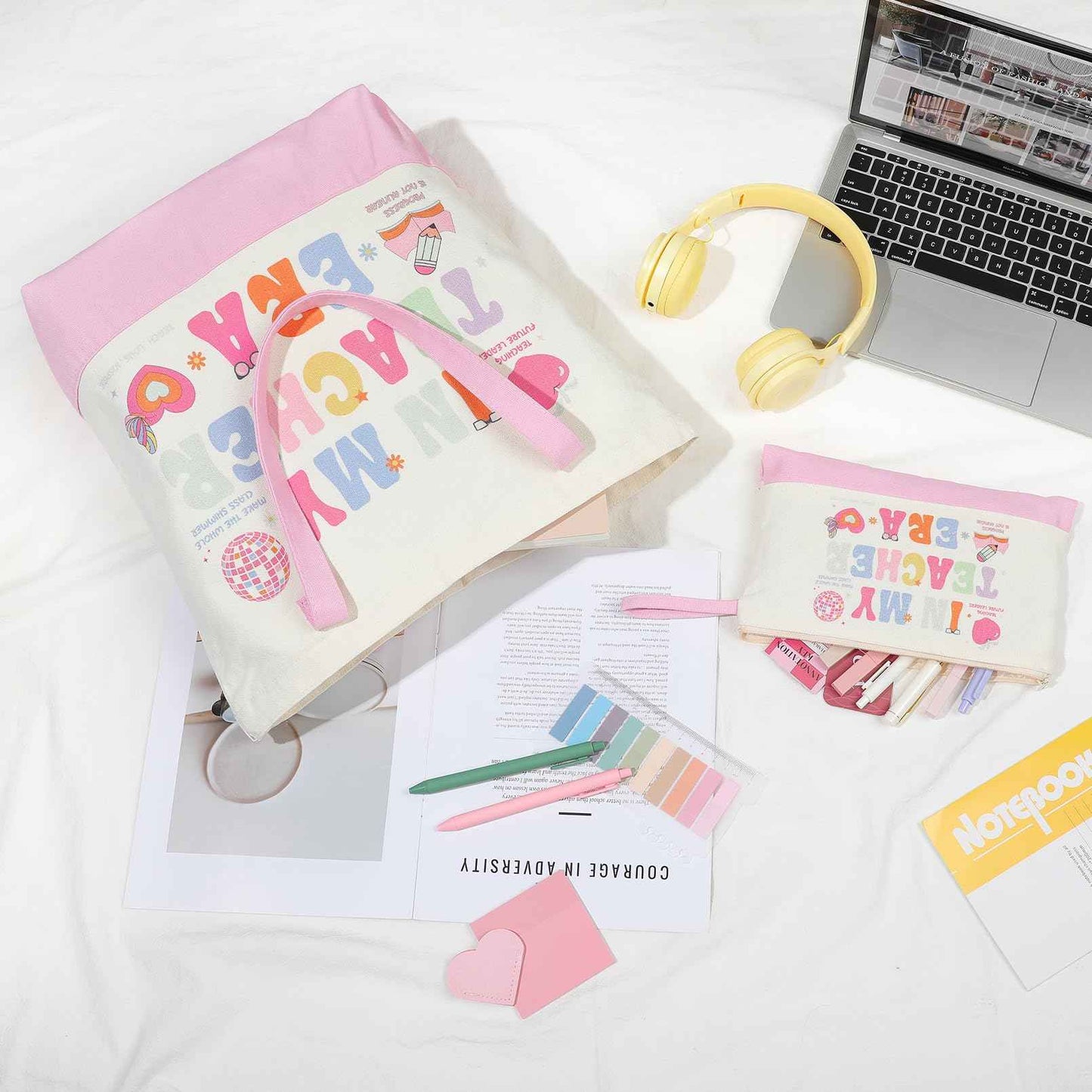 Aileam 2 Pcs Teacher Appreciation Gift Set Canvas Tote Bag Makeup Bag Thank You Teacher Gift Graduation Christmas Reusable Beach Shopping Pink