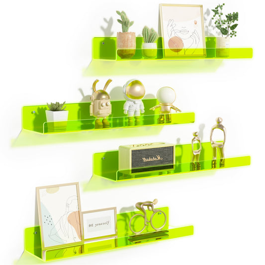 upsimples 4 Pack Acrylic Shelves for Wall Storage, 15" Floating Bookshelves for Kids, Display Shelf Organizer for Bathroom, Bedroom, Living Room, Kitchen, Room Decor, Clear Fluorescent Green