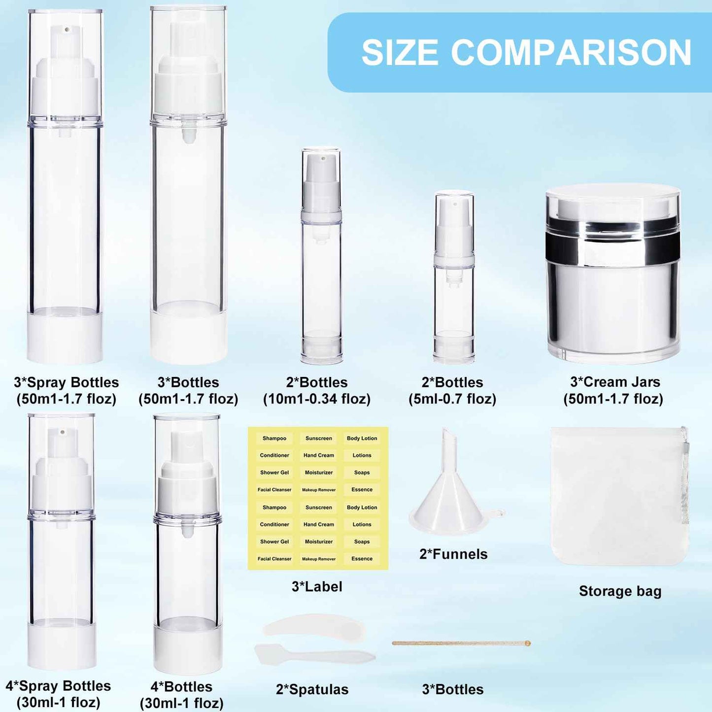 KOUWICH 34 Pack Airless Pump Jars Set, 1.7/1/0.7/0.34oz Refillable Travel Size Containers, Leak-Proof Toiletry Bottles for Skincare and Creams, Lotion, Eye Cream, Liquid, Foundation, Shampoo
