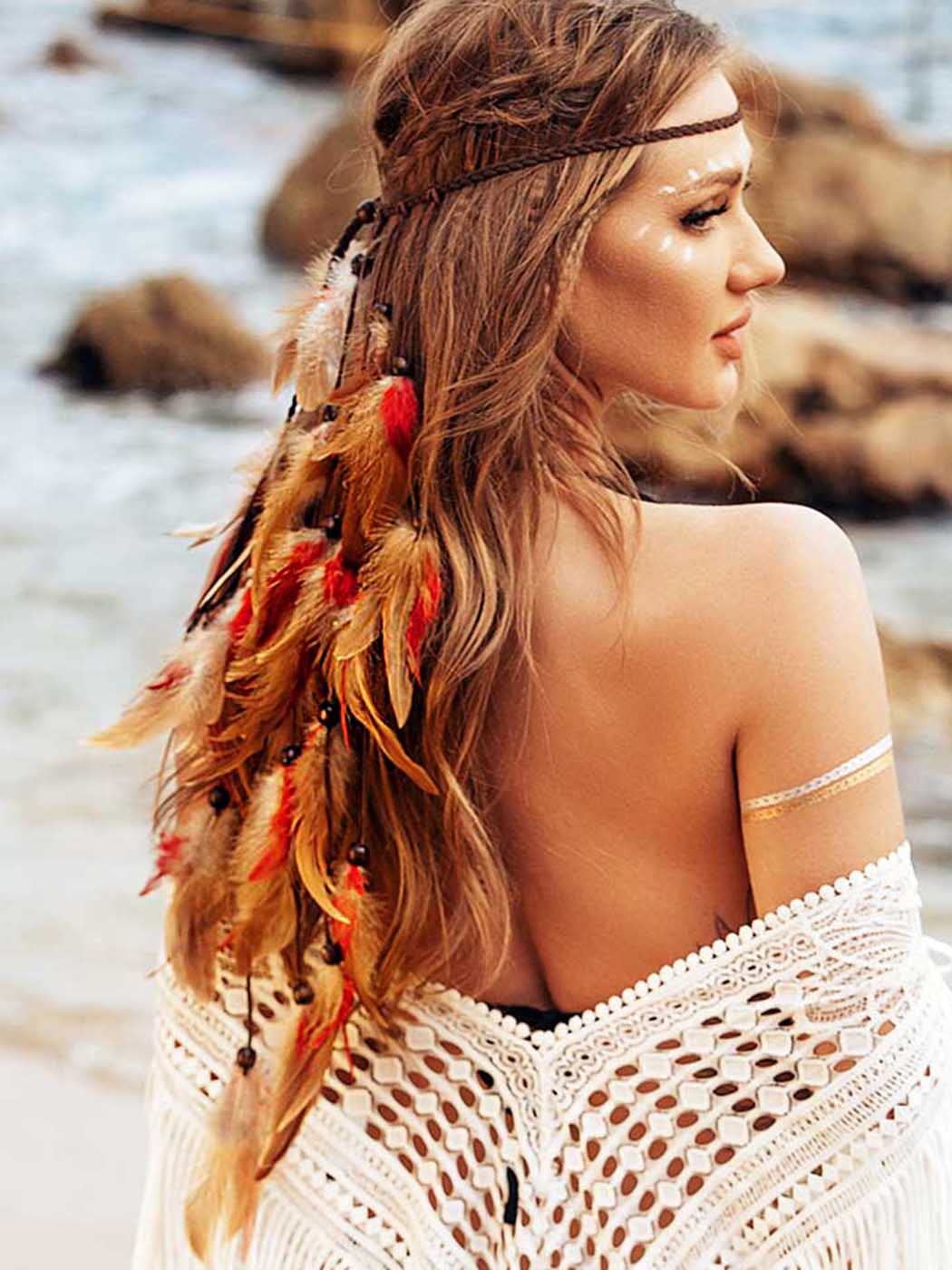 CAKURE Boho Feather Headbands Indian Headdress Gypsy Headpiece Peacock Hair Bands Bohemian Hippie Headbands Adjust Headwear Long Feather Hair Accessories for Women and Girls (Type B)