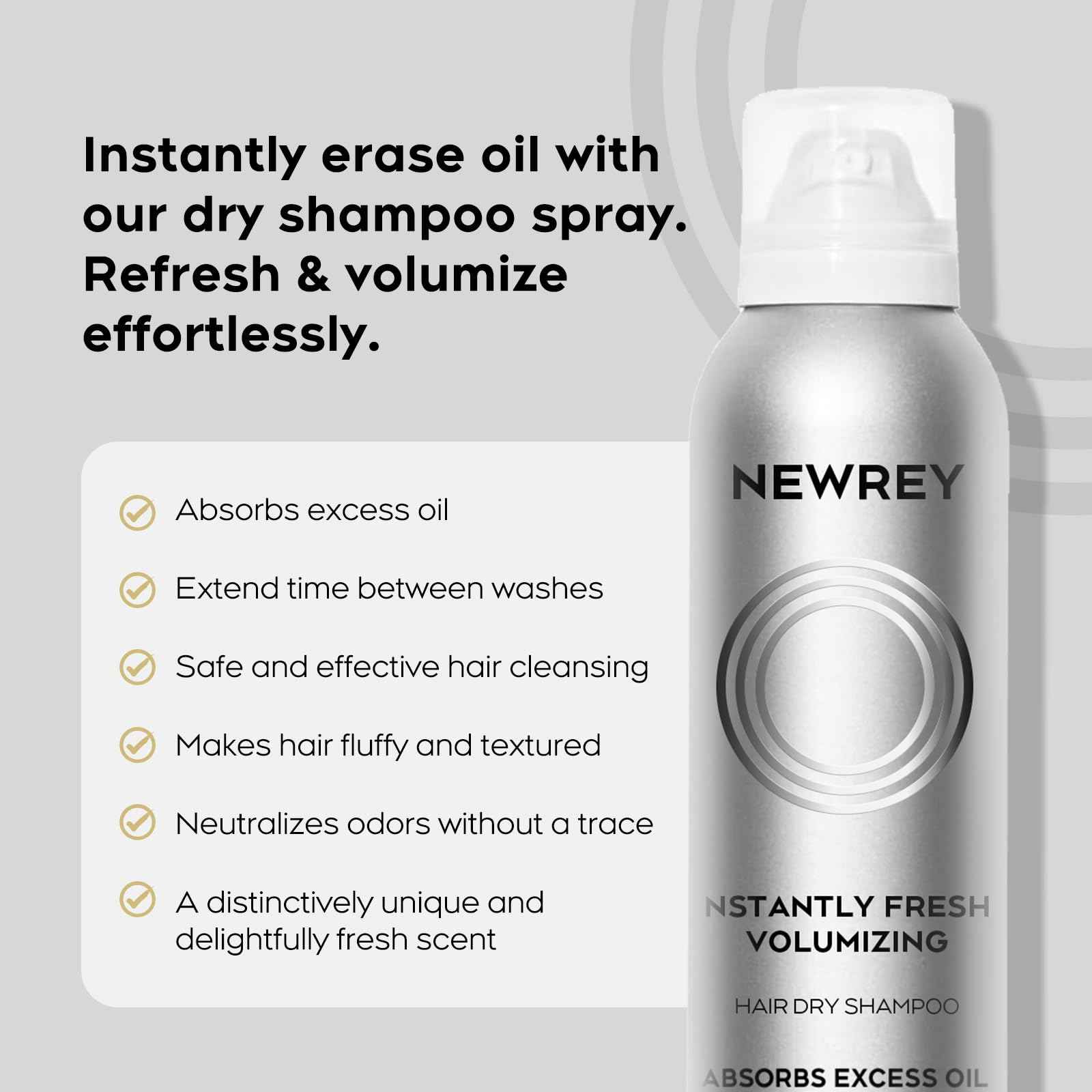 NEWREY Dry Shampoo Spray for Women & Men - Freshens hair, Residue-Free, Volumizing Formula with Rice Starch - Absorbs Oil, Eliminates Odors - 5.07 oz