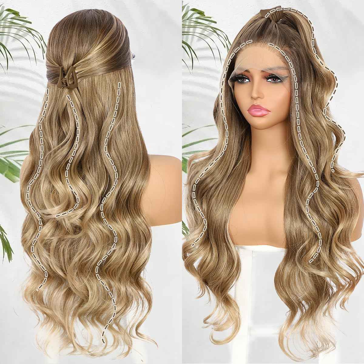 BABEHERS Blonde Lace Front Wig for Women 13x4 Body Wave Synthetic Wigs with Ombre Blonde Tips Pre-plucked Long Wavy 150% Density Heat Resistant Hair Daily Party Use 26 Inch