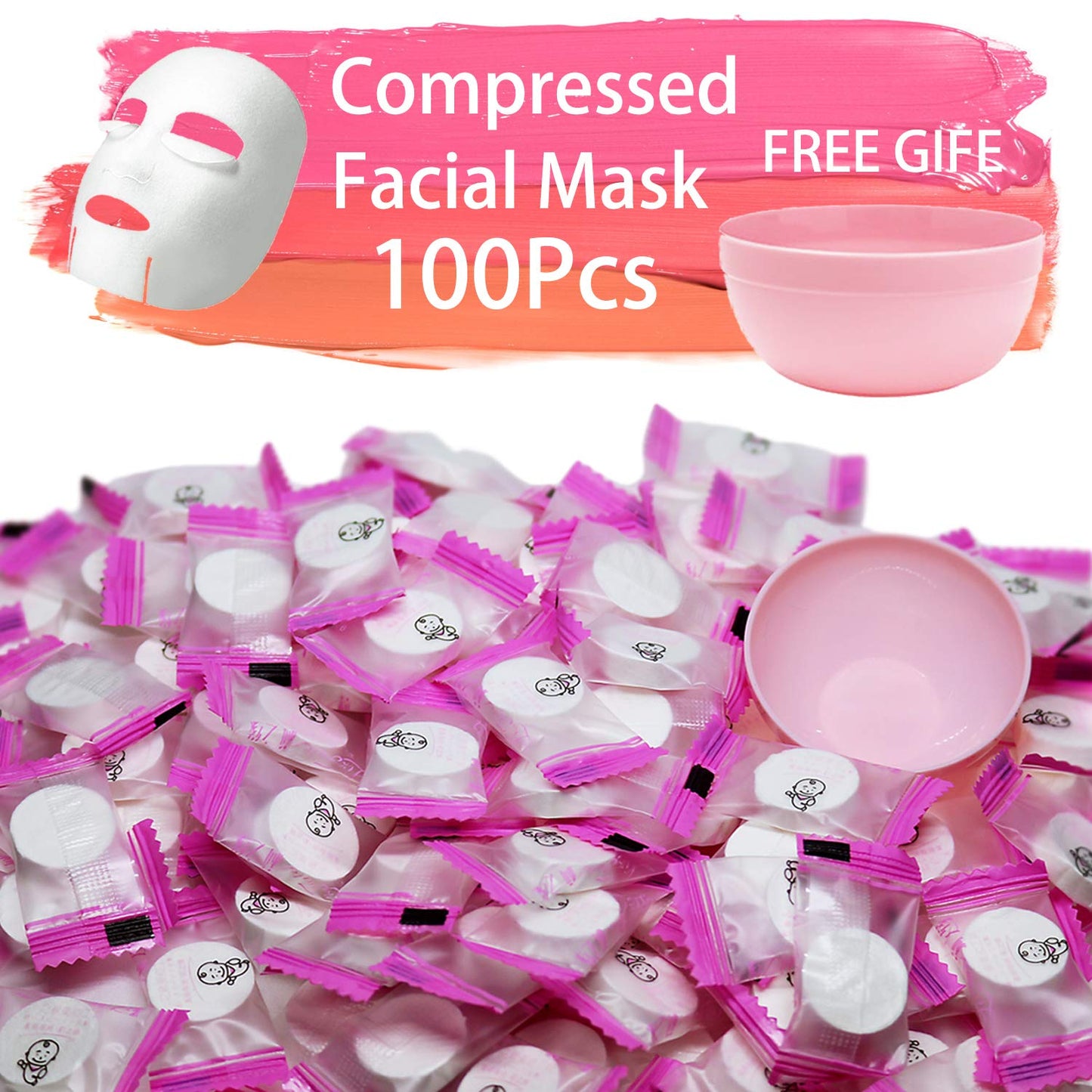 100 pcs Compressed Facial Mask Sheet Beauty DIY Disposable Mask Paper Natural Cotton Skin Care Wrapped Masks Normal Thick，Get a Small Mask Bowl Free