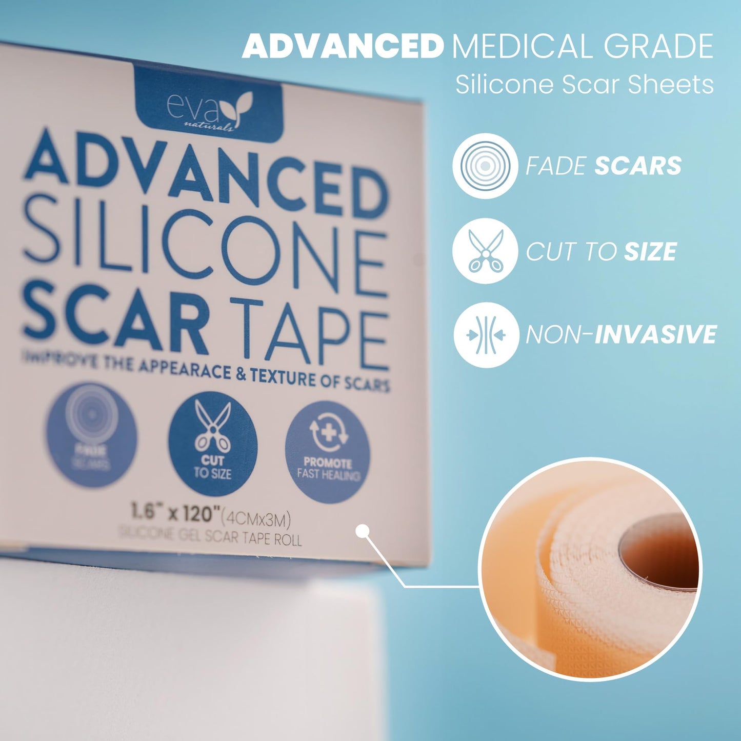 Soft, Medical Grade Silicone Tape For Scars (1.6” x 120”) - Reduce The Appearance Of Surgical, C Section, Hypertrophy, Keloid Scars, & Acne Scars - Silicone Scar Tape For Surgical Scars, Silicone Scar