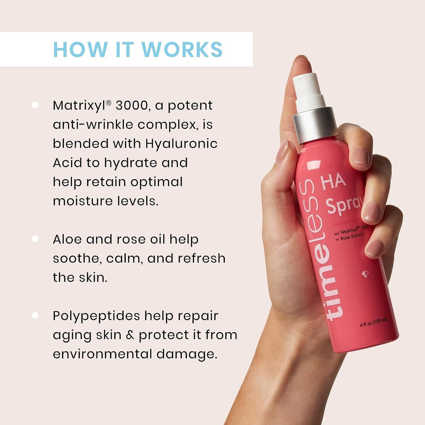 Timeless Skin Care HA Matrixyl 3000 with Rose Spray - Skin Mist with Hyaluronic Acid - Fragrance-Free Hydrating Face Spray - Soothing Matrixyl Skin Care Mist - 4 oz