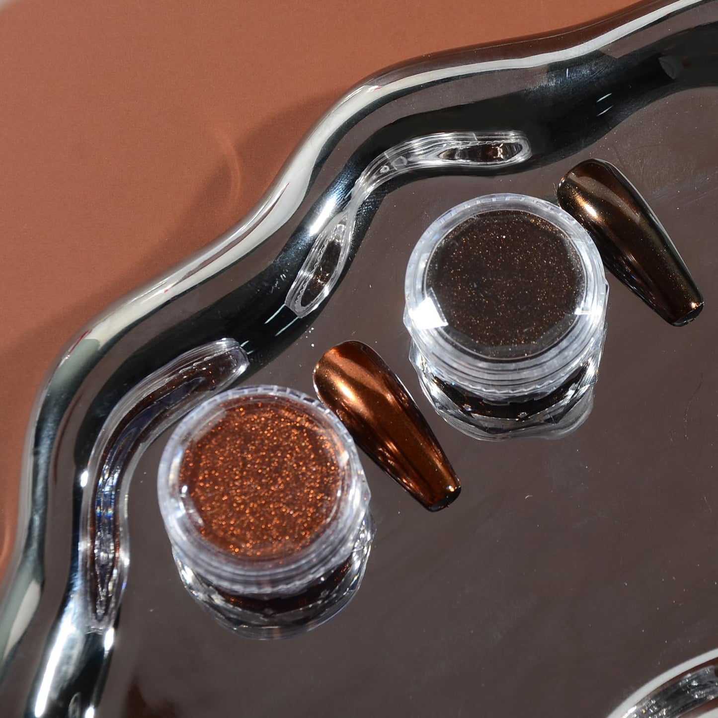 Brown Metallic Chrome Powder,2 Jars Maillard Style Coffee Brown Mirror Glitter Effect Chrome Pigment Powder Dust Manicure Tips with Sponge Applicators