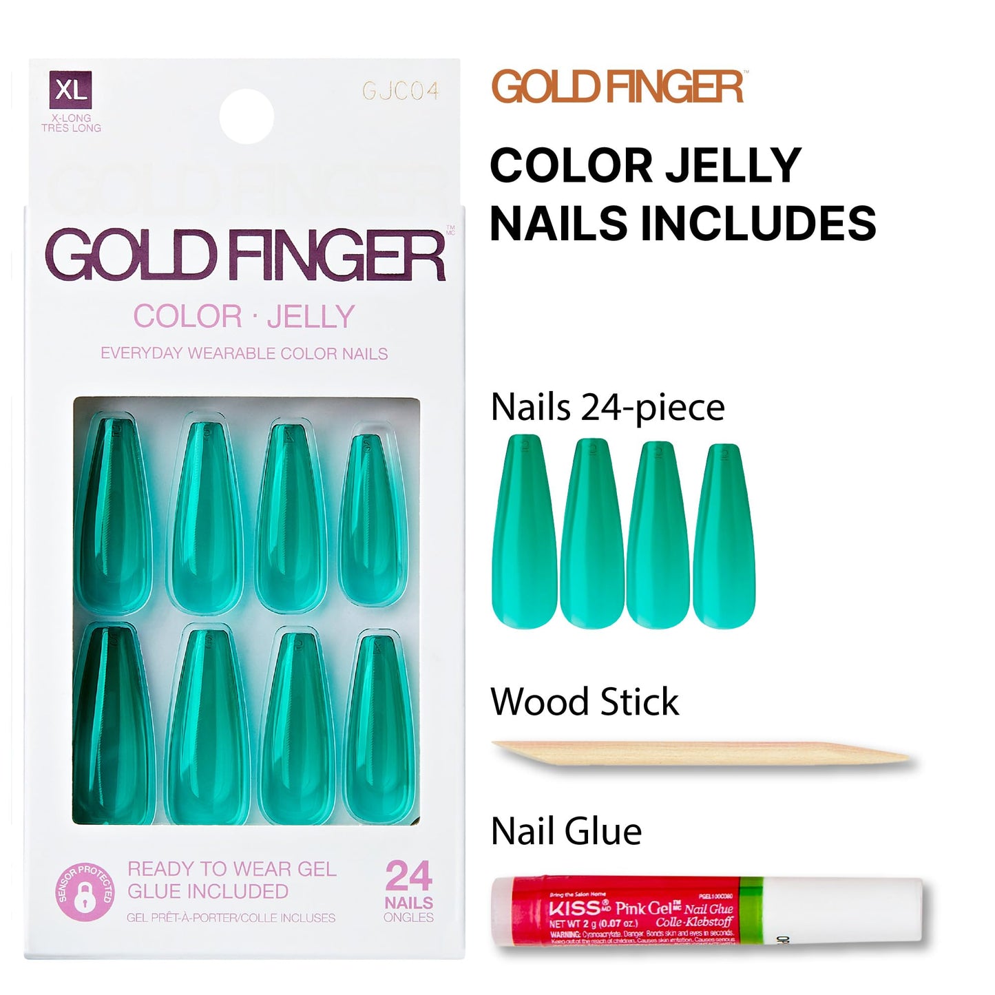 GoldFinger False Nails Kit, Jelly Color Ready to Wear Pink Fake Nails, Manicure Stick and Glue Included, X-Long Length, Coffin Shape, Long-Lasting Hottest Trend Glue on Nails