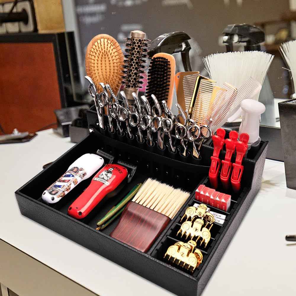 Barber Storage Box,Hairdressing Tool Holder, Multifunctional Detachable Large Storage Box, Shear Holder PU Leather Salon Scissors Holder, Hair Cutting Tools Storage Case for Barber Accessories(Large)