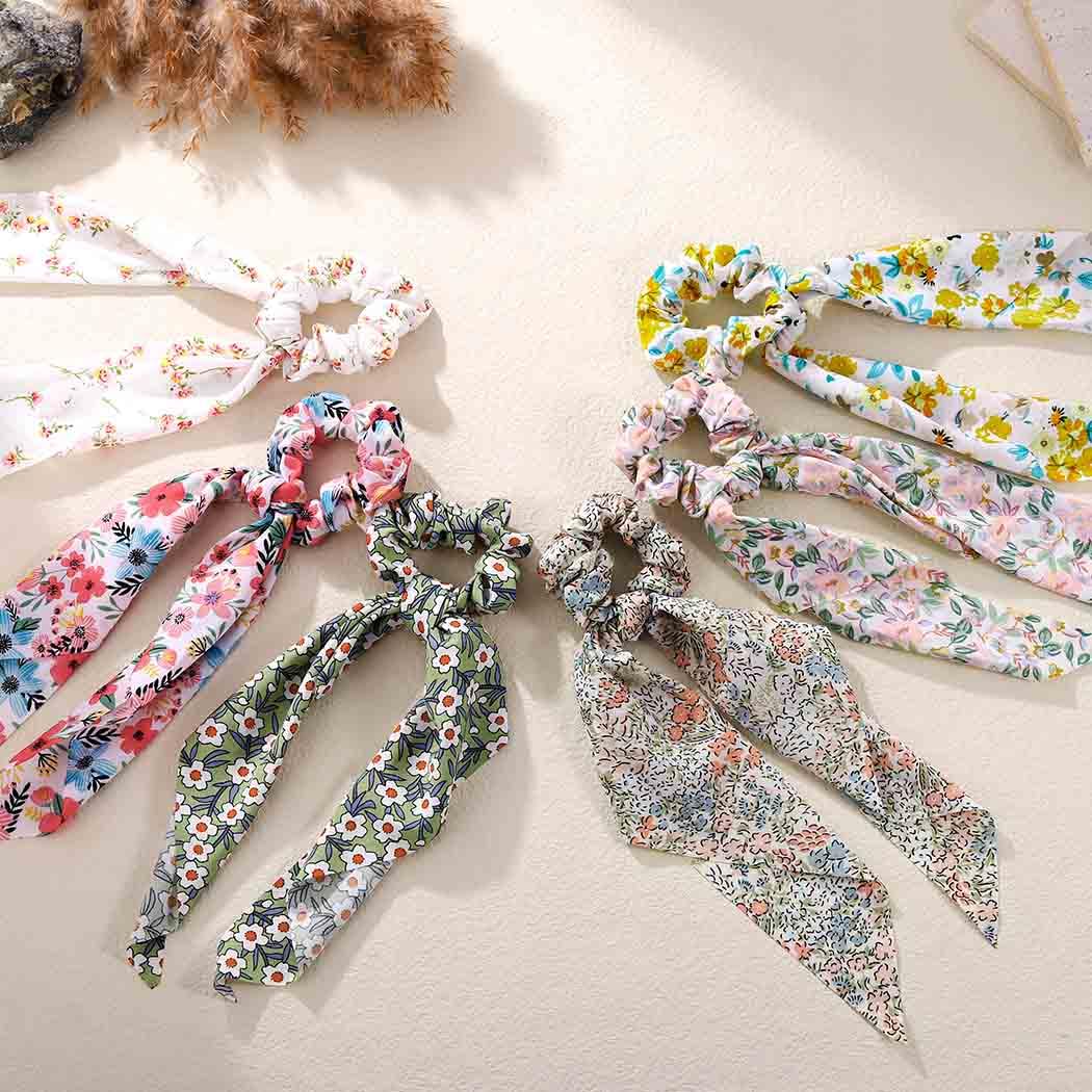 Jewemia Hair Scarf for Women Bow Scrunchy with Ribbon Long Hair Bows Scrunchies for Girls Bow Scrunchies with Hair Elastics for Beach Party (Flower-2)