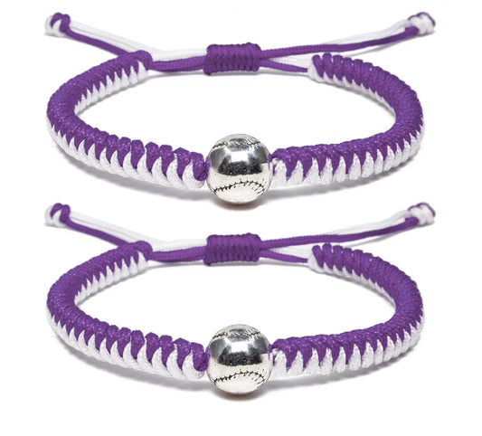 Handmade Braided Bracelets Baseball Gifts for Boys Adjustable Wristbands with Baseball Beads, Inspirational Baseball Bracelets for Girls Teens Adults (purple 2PCS)