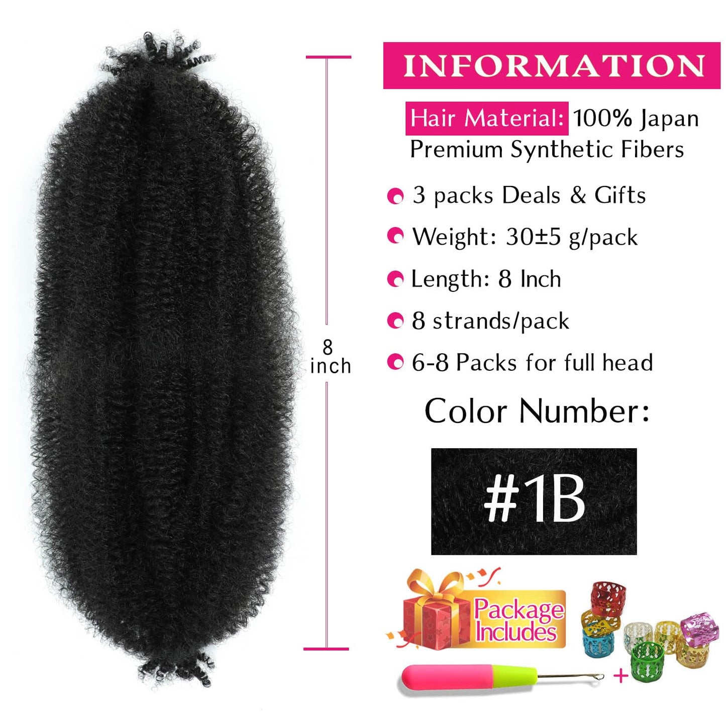 Marley Twist Braiding Hair 8 Inch 3 Packs, Springy Afro Twist Hair Pre Fluffed Spring Twist Hair Pre Separated Wrapping Hair for Soft Locs Hair Extensions (8 Inch (Pack of 3), 1B#)