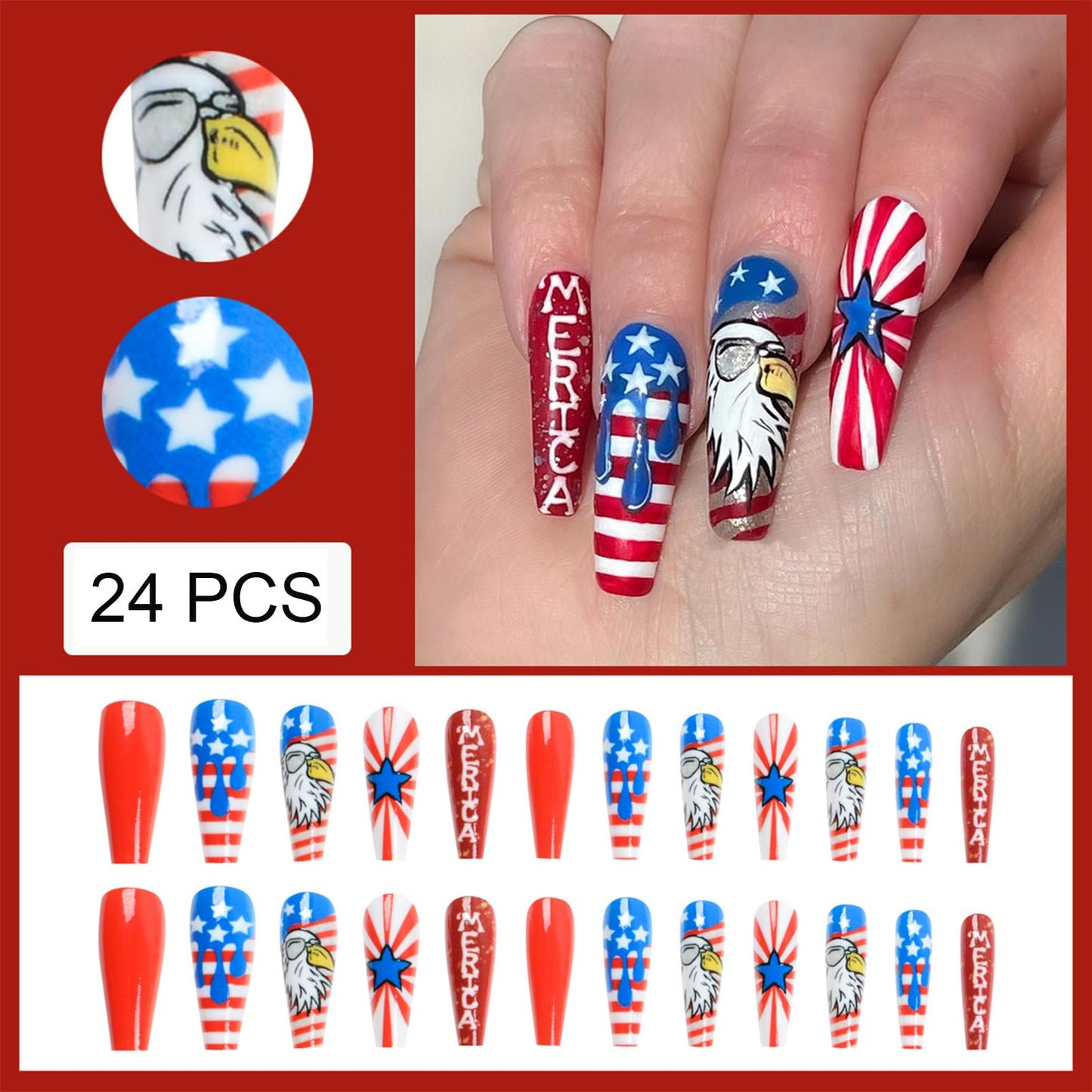 4th of July Press on Nails Red Blue White Long Coffin Fake Nails Independence Day American Flag Stars Owl Design False Nail Patriotic Full Cover Acrylic Nails for Women Girls Manicure Decoration 24Pcs