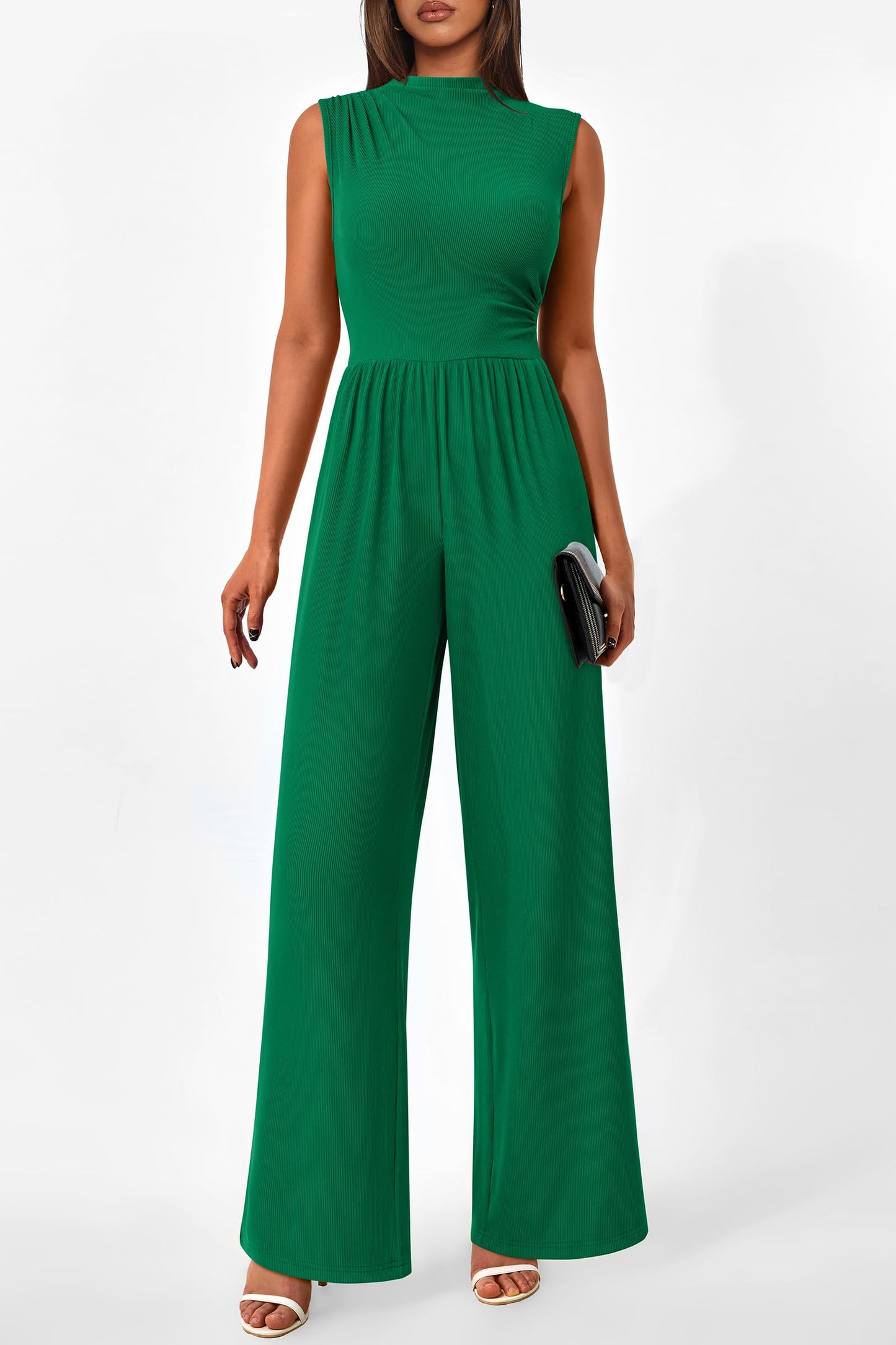 PRETTYGARDEN Womens Summer Jumpsuits Dressy Casual One Piece Outfits Sleeveless Mock Neck Wide Leg Pants Rompers with Pockets (Style2-Green,Small)