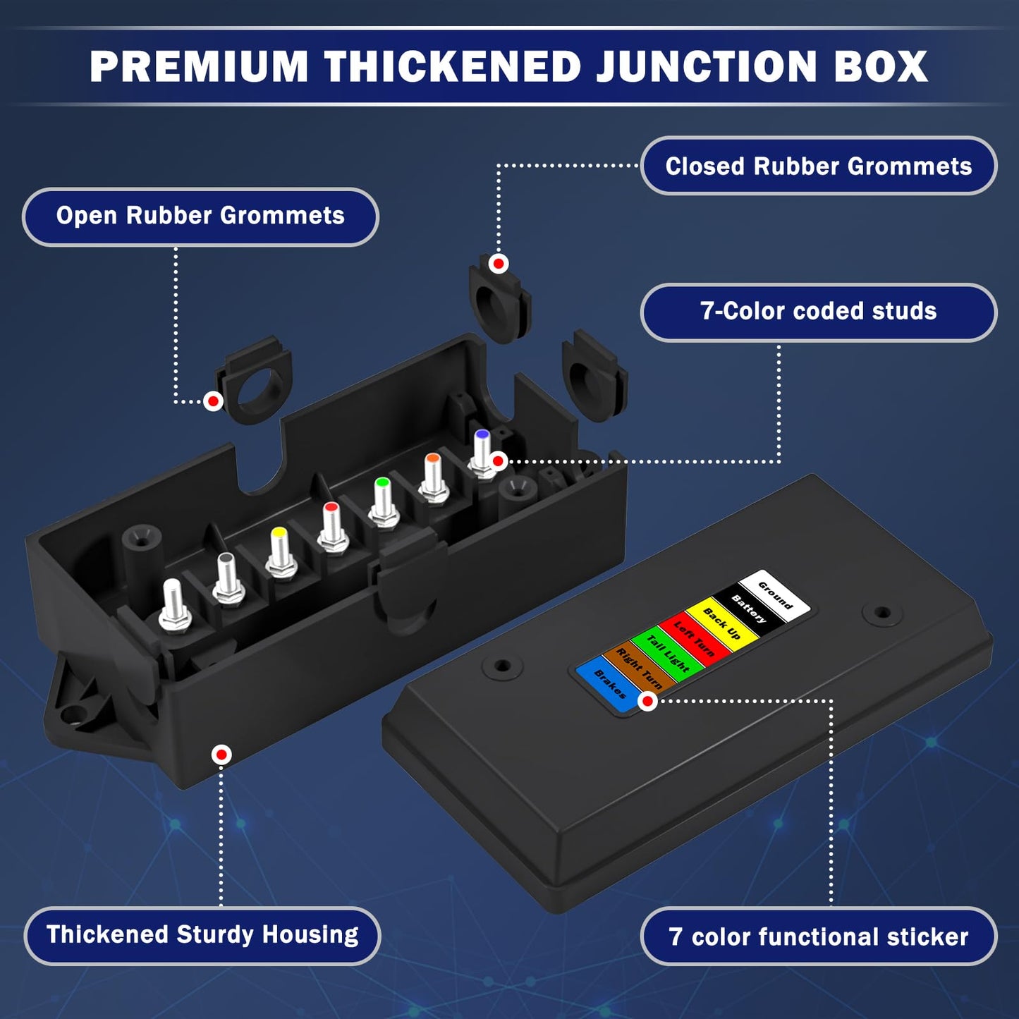 CheeMuii 7 Way Trailer Junction Box Weatherproof 7 Pin Trailer Wiring Box 7 Color-Coded Electric Wires Connection Box for RV Camper Trailer Light Rewiring