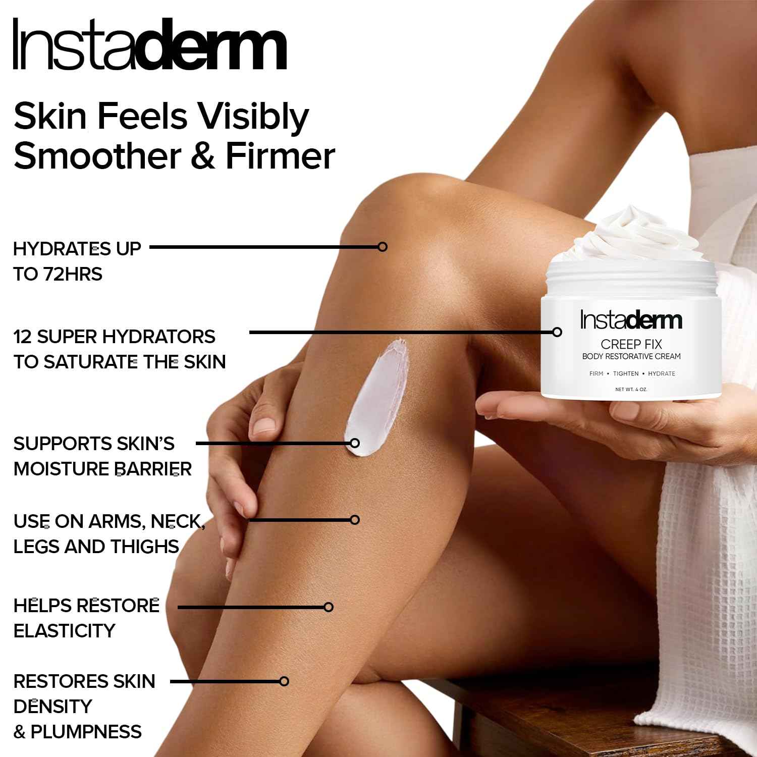 Instaderm Crepe Fix Body Restorative Cream – Anti-Aging Wrinkle Cream, Support Skins Natural Elastin & Collagen Production to Restore, Lift, Tighten, Hydrate & Smooth Thinning Aged Crepey Skin. 4OZ