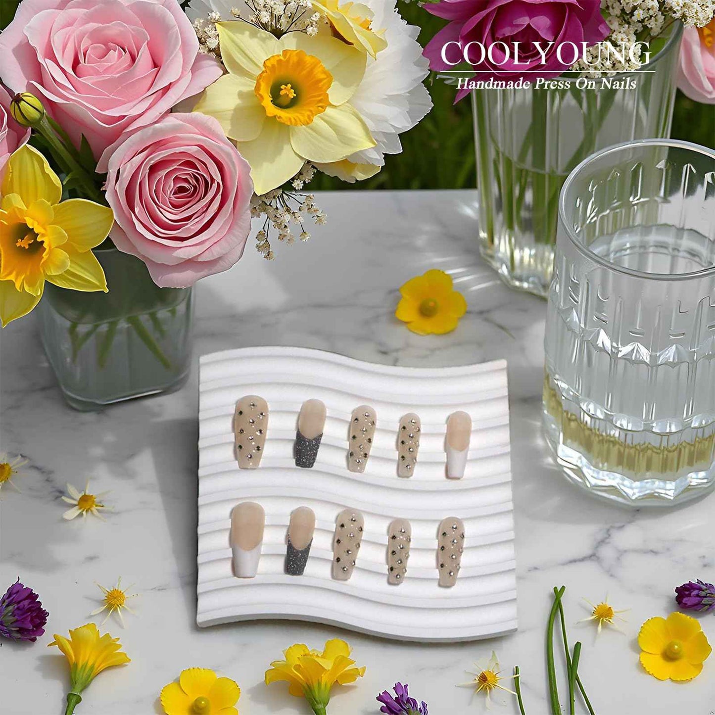 Handmade Press on Nails — COOLYOUNG Coffin Press on Nails, Press On Nails, Bundle Price of "Dream Angels" and "Starry Sky" (M)