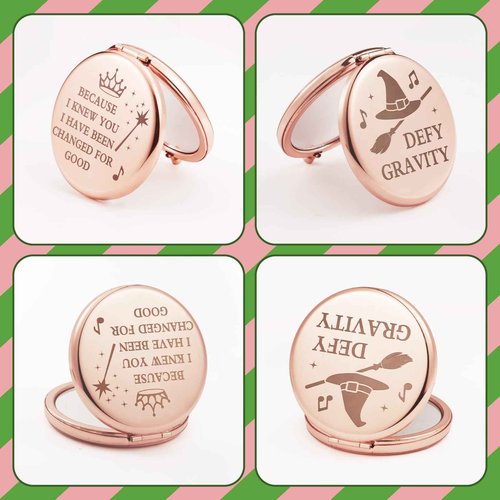 Attyxfica 2 Pcs Witch Pocket Mirrors – Witch Compact Makeup Mirror with Hat, Broom & Crown Wand Design, Movie or Musical Theatre Merch Stuff Gifts for Women & Girls (Rose Gold)