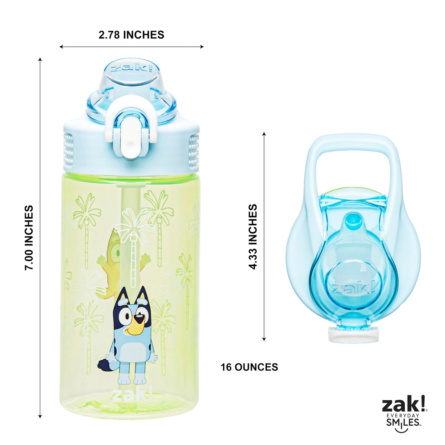 Zak Designs Sage Bluey Kids Water Bottle For School or Travel, 16oz Durable Plastic Water Bottle With Straw, Handle, and Leak-Proof, Pop-Up Spout Cover (Bluey & Bingo)