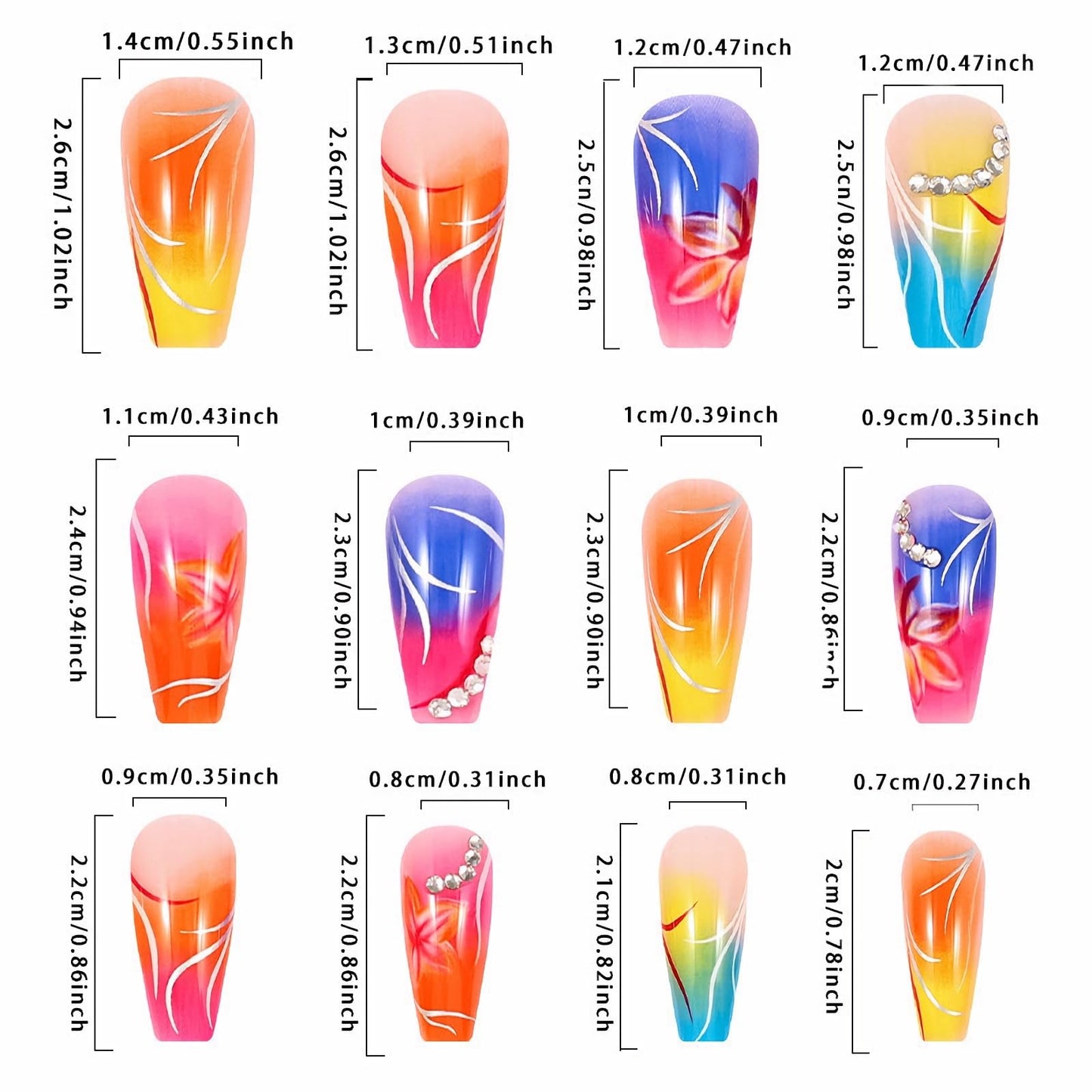 MERVF Coffin Press on Nails Long Fake Nails Press ons Ombre French Tip Glue on Nails with Flower Design Colorful Gradient Ballerina Rhinestones Acrylic False Nails Glossy 24pcs