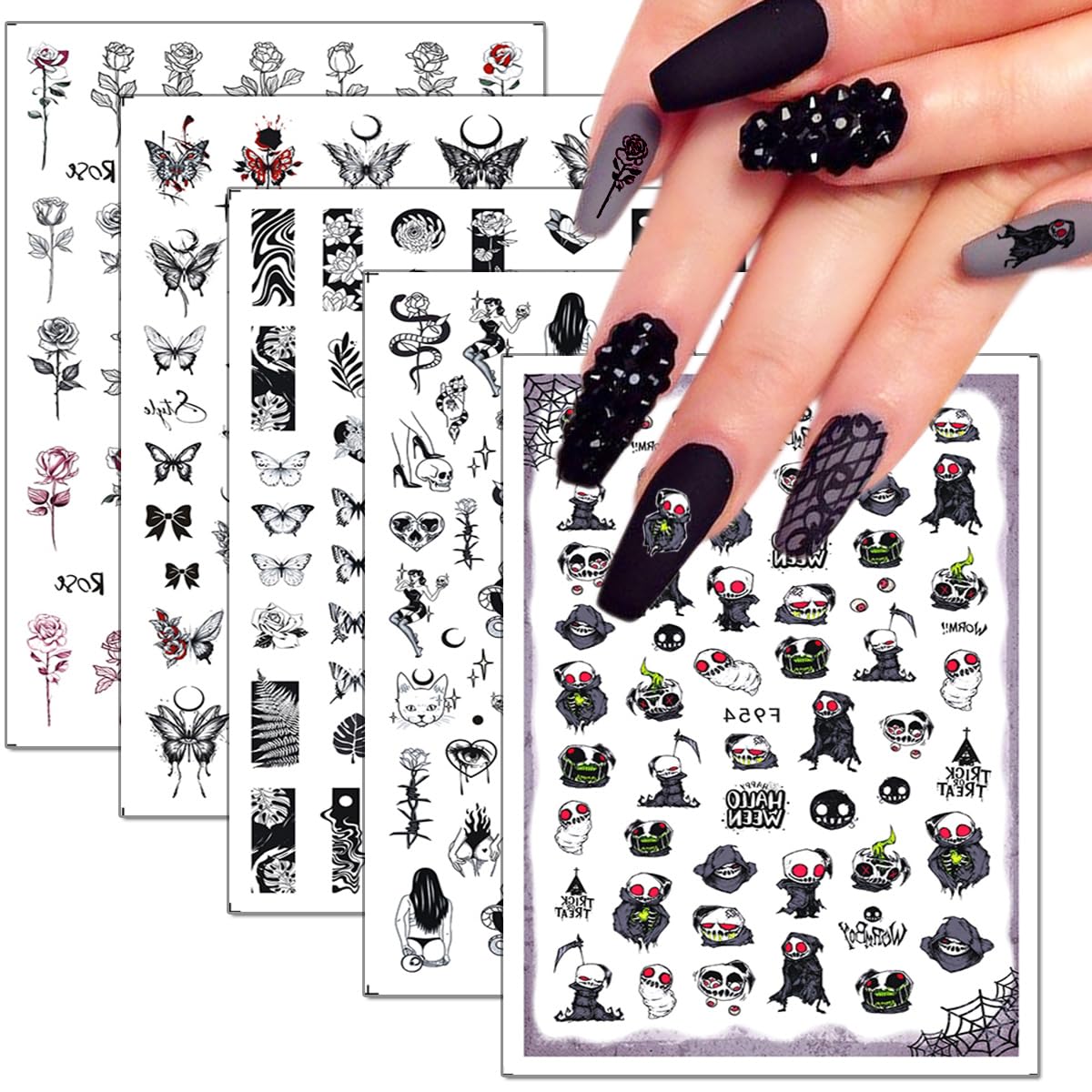 10Sheets Halloween Nails Art Stickers Decals Scary Ghost Nail Art DIY Rose Butterflies Nail Design Halloween Gothic Bloody Eye Nail Stickers Decals for Women Girls Manicure Decoration Supplies.