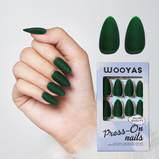 WOOYAS Dark Green Press on Nails Almond，Medium Green Nails Matte Finish, Handmade Gel Fake Nails Reusable, Salon Perfect Almond Nails in 12 Sizes - 24 Pcs